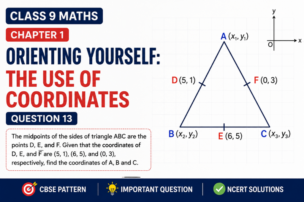 13. The midpoints of the sides of triangle ABC are the points D, E, and F. Given that the coordinates of D, E, and F are (5, 1), (6, 5), and (0, 3), respectively, find the coordinates of A, B and C.